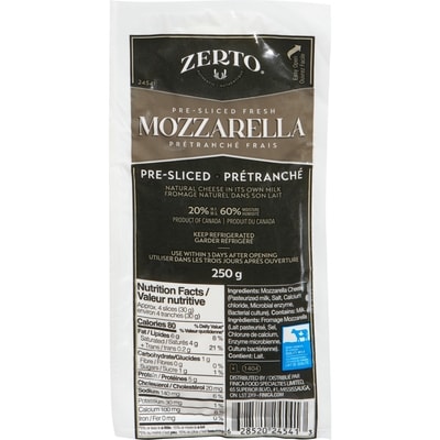 Zerto Mozzarella frais tranché 250 g, 4,32 $/100g