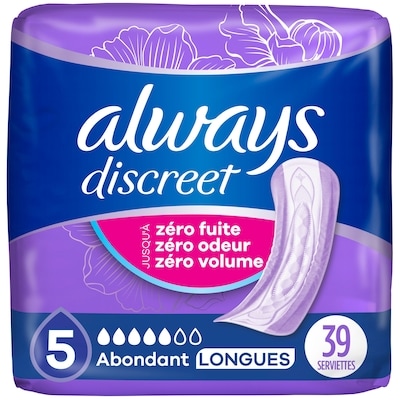 Always Serviettes pour l’incontinence Discreet, longueur abondant 39 ea, 0,56 $/1ch
