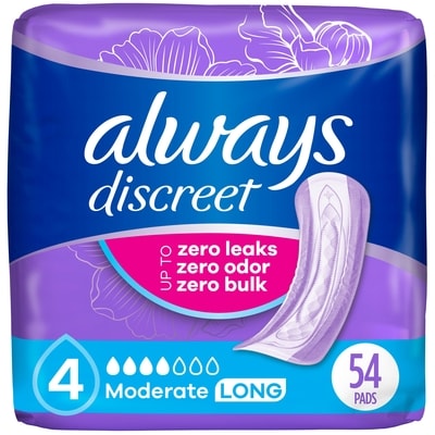 Always Discreet Moderate Incontinence Pads, Long 54 ea, $0.41/1ea