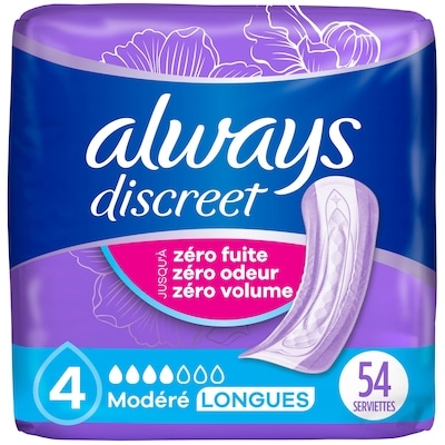 Always Serviettes longues contre les fuites urinaires absorption moyenne 54 ea, 0,41 $/1ch