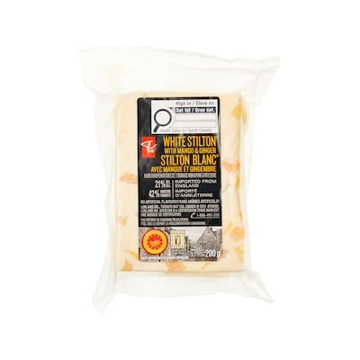 PC Collection noire Fromage non affiné à pâte dure Stilton blanc avec mangue et gingembre 200 g, 4,50 $/100g