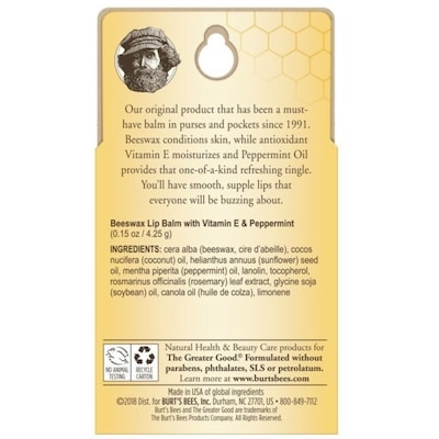 100% Natural Origin Moisturizing Lip Balm, Beeswax
