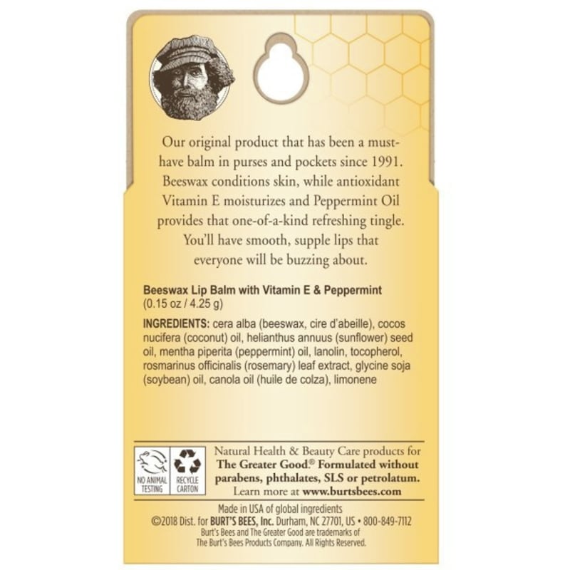 100% Natural Origin Moisturizing Lip Balm, Beeswax