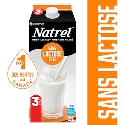 Natrel Lait homogénéisé 3,25 % sans lactose 2 l, 0,36 $/100ml