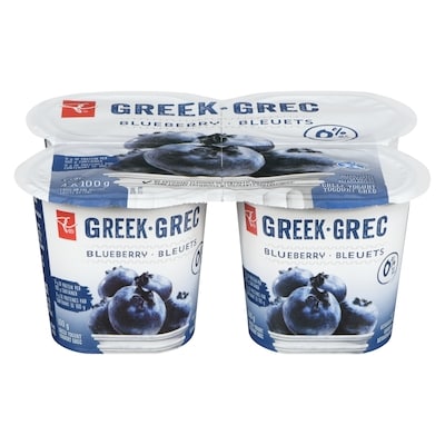 President's Choice Blueberry Fruit On The Bottom 0% M.F. Greek Yogurt 4x100.0 g, $1.12/100g