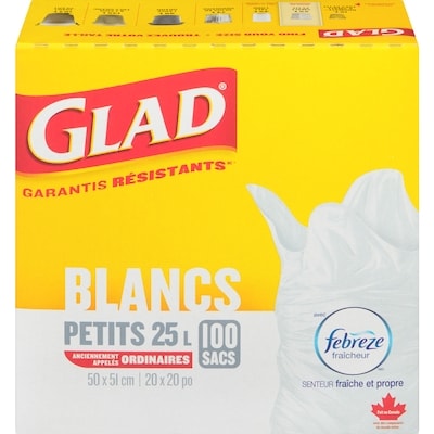 Glad Petits Sacs À Ordures Blancs Avec Senteur Fraîche Et Propre De Febreze Fraîcheur, Boîte De 100 Sacs À Ordures 100 ea, 0,15 $/1ch
