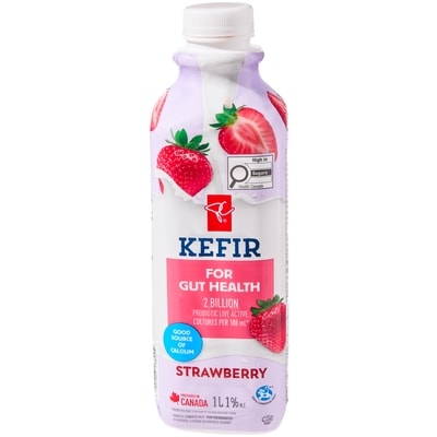 President's Choice Strawberry Kefir Probiotic Fermented 1% M.F. Milk 1 l, $0.48/100ml