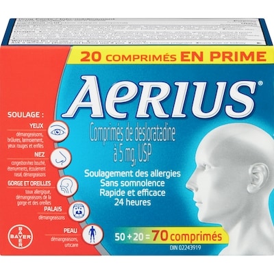 Aerius Allergies soulagement rapide et sans somnolence durant 24 heures 70 ea, 0,77 $/1ch