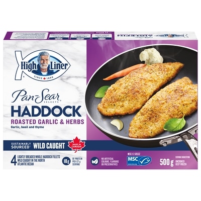 High Liner Pan Sear Selects Roasted Garlic & Herbs Haddock 500 g, $2.60/100g