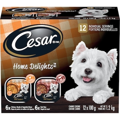 Cesar Nourriture humide pour chiens HOME DELIGHTS en emballage de 12 (ragoût de bœuf et repas de poulet, de nouilles et de légumes en sauce) 1.2 kg, 1,75 $/100g