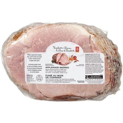 President's Choice Applewood-Smoked Spiral-Sliced Bone-In Half Ham with Apple Cider Glaze Pouch  $8.80/1kg $3.99/1lb