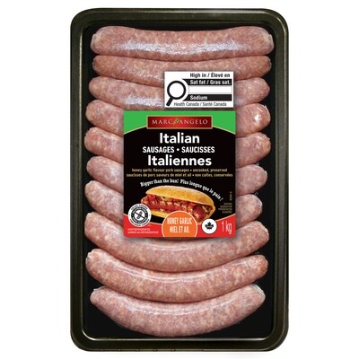 Marc Angelo Saucisses italiennes Miel et ail, format économique 1 kg, 1,60 $/100g