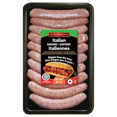 Marc Angelo Saucisses italiennes Miel et ail, format économique 1 kg, 1,50 $/100g
