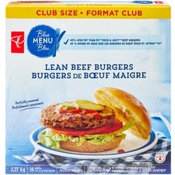 PC Blue Menu Lean Beef Burgers 2.27 kg, $1.98/100g