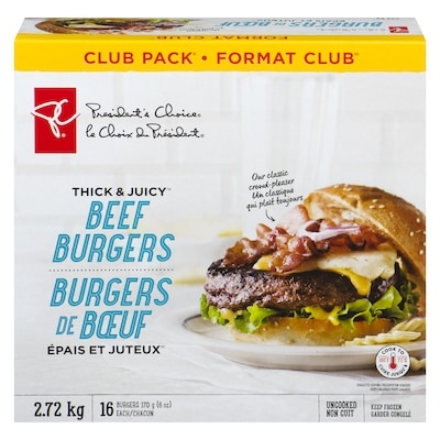 President's Choice Thick & Juicy Beef Burgers 2.72 kg, $1.65/100g