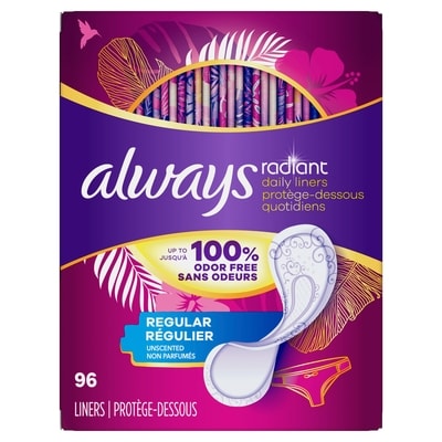 Always Radiant Daily Liners Light Absorbency, Regular Length, Up to 100% Odor Free and Fragrance Free, with Edge-2-Edge Adhesive, 96 Count 96 ea, $0.15/1ea