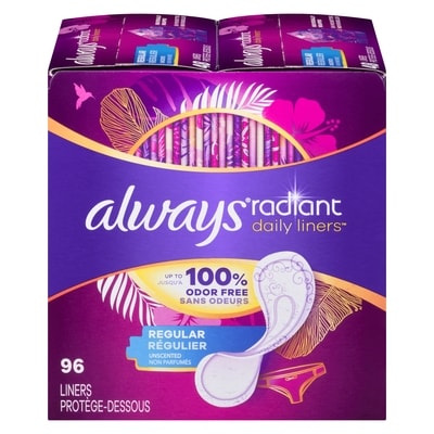 Always Radiant Daily Liners Light Absorbency, Regular Length, Up to 100% Odor Free and Fragrance Free, with Edge-2-Edge Adhesive, 96 Count 96 ea, $0.13/1ea