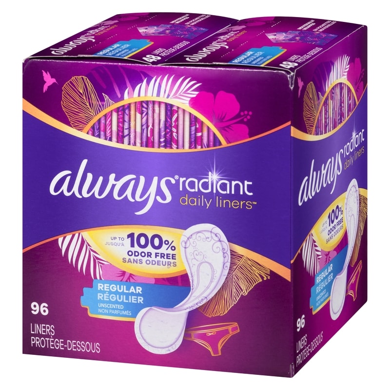 Radiant Daily Liners Light Absorbency, Regular Length, Up to 100% Odor Free and Fragrance Free, with Edge-2-Edge Adhesive, 96 Count