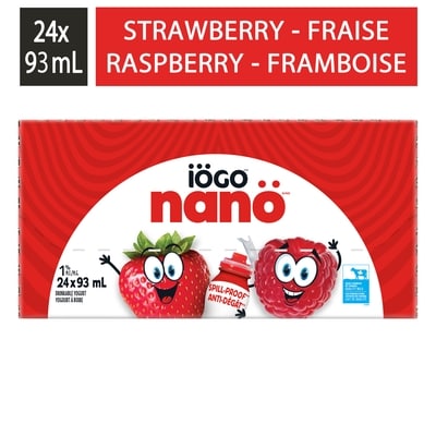 IÖGO Nanö bouteilles de yogourt à boire fraise-framboise 1 % 24 x 93 ml 24x93.0 ml, 0,74 $/100ml