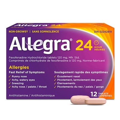 Allegra Comprimés 24 heures, 120 mg de chlorhydrate de fexofénadine 12 ea, 1,04 $/1ch