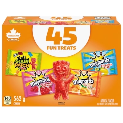 Maynards Assorted Gummy Candy (Pack of 45), Sour Patch Kids, Fuzzy Peach, Swedish Berries, Swedish Fish 562 g, $1.60/100g