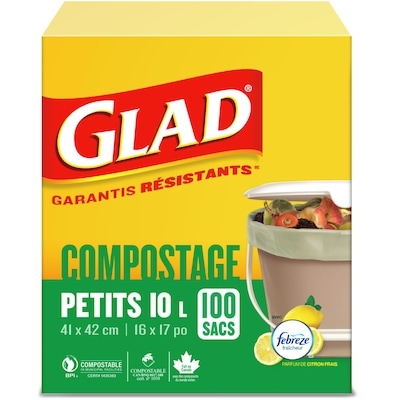 Glad Petits Sacs 100 % Compostables Au Parfum De Citron Frais, Boîte De 100 Petits Sacs 100 ea, 0,21 $/1ch