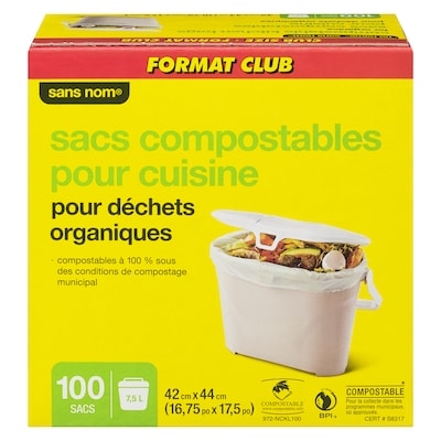 Sans Nom Sacs compostables pour cuisine pour déchets organiques, format club 100 ea, 0,18 $/1ch