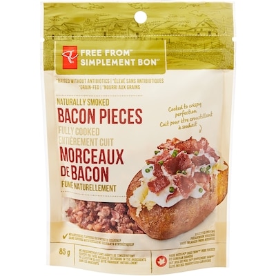 President's Choice Free From Bacon Pieces, Fully Cooked 85 g, $9.40/100g