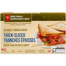 President's Choice Free From Naturally Smoked Fully Cooked Thick-Sliced Bacon 65 g, $12.31/100g