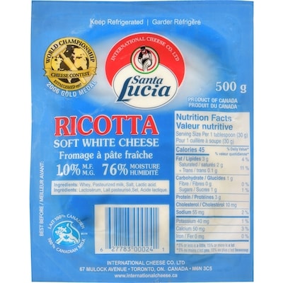 Santa Lucia Ricotta Soft White Cheese 10% M.F. 500 g, $1.70/100g
