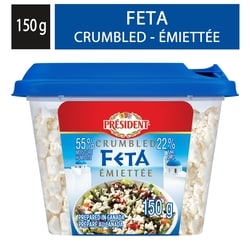 Président Fromage feta émietté 150 g, 5,33 $/100g