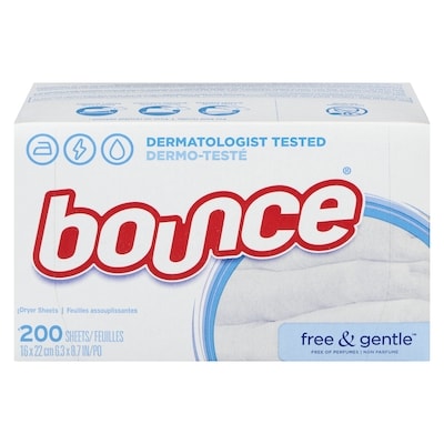 Bounce Free & Gentle Dryer Sheets, 200 Sheets, Unscented Fabric Softener Sheets, Hypoallergenic and Dermatologist Tested 200 ea, $4.50/100ea