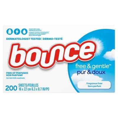 Bounce Feuilles assouplissantes Free & Gentle, 200 feuilles, non parfumées, hypoallergéniques et testées sous contrôle dermatologique 200 ea, 5,00 $/100ch