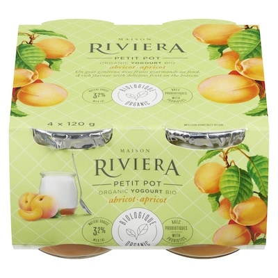 Riviera Yogourt à l’abricot biologique, 3,2 % 4x120.0 g, 1,46 $/100g