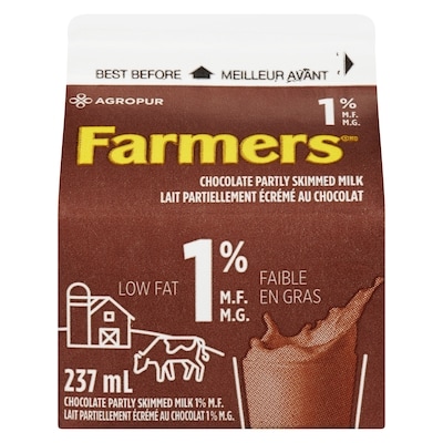 Farmers Lait Partiellement Écrémé au Chocolat 1 % M.G. 237 ml, 0,50 $/100ml