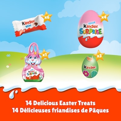 Easter Egg Hunt Kit (Pink), Easter Eggs with Surprise Kids Toys, Chocolate Bars, Mini eggs and Chocolate Bunny, 14 treats