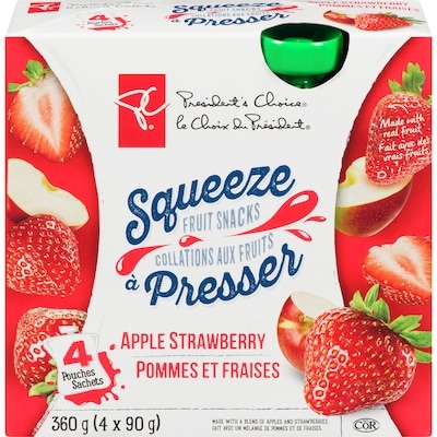 President's Choice Apple Strawberry Squeeze Fruit Snacks 4x90.0 g, $0.83/100g