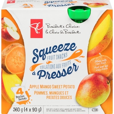 President's Choice Apple Mango Sweet Potato Squeeze Fruit Snacks 4x90.0 g, $0.83/100g