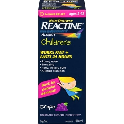Reactine Children’s Liquid Allergy Medicine, Grape Flavour, 5mg 118 ml, $13.13/100ml