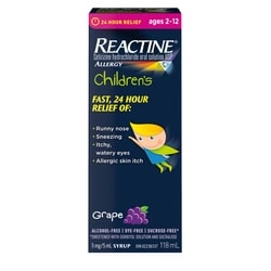 Reactine Children’s Liquid Allergy Medicine, Grape Flavour, 5mg 118 ml, $13.13/100ml