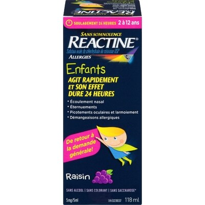 Réactine Sirop pour enfants antiallergique, saveur Raisin, 5 milligrammes 118 ml, 13,13 $/100ml