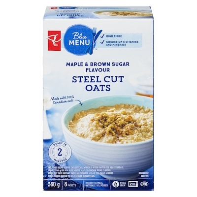 PC Blue Menu Maple & Brown Sugar Steel Cut Oats 360 g, $1.11/100g