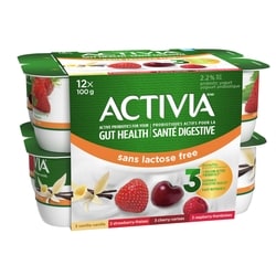 Activia Yogourt probiotique, sans lactose, saveur vanille / fraise / framboise / cerise 12x100.0 g, 0,57 $/100g