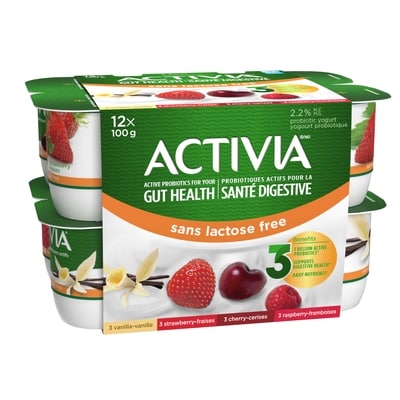 Activia Yogourt probiotique, sans lactose, saveur vanille / fraise / framboise / cerise 12x100.0 g, 0,67 $/100g