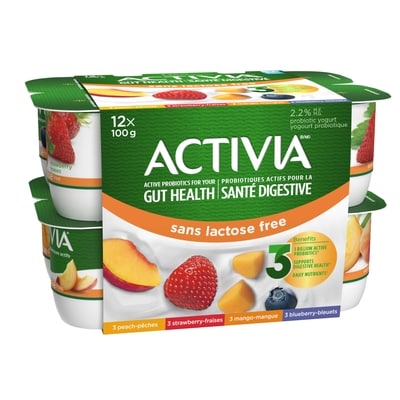 Activia Probiotic Yogurt, Lactose Free, Strawberry/Blueberry/Peach/Mango 12x100.0 g, $0.75/100g
