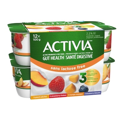 Activia Yogourt probiotique, sans lactose, saveur fraise / bleuets / pêche / mangue, (emballage de 12) 12x100.0 g, 0,54 $/100g