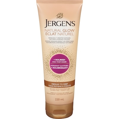 Jergens Glow +Nourish Daily Moisturizer | Gradual Sunless Self-Tanning Body Lotion for Dry Skin, Medium to Deep Shade 220 ml, $6.90/100ml