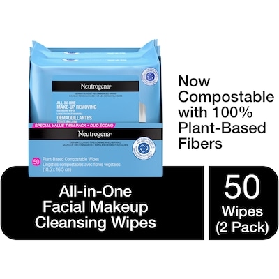 Neutrogena All In one Makeup Remover Facial Cleansing Wipes, Plant Based and Compostable, Special Value Twin Pack 1 ea, $20.00/1ea
