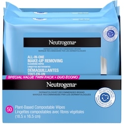 Neutrogena Lingettes nettoyantes démaquillantes  Tout-en-un pour le visage, compostables, composées de fibres végétales, Duo écono  1 ea, 19,79 $/1ch