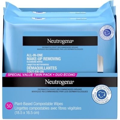 Neutrogena Lingettes nettoyantes démaquillantes  Tout-en-un pour le visage, compostables, composées de fibres végétales, Duo écono  1 ea, 20,00 $/1ch